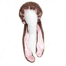 Cute Rabbit Ear Sleep Cap, Plush Fleece Satin Lining Night Hair Bonnet, Adjustable Tie Hair Protection Cap, Suitable For Home Nighttime Sleep - A - View 11