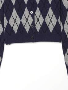 DEEKA Autumn/Winter New Women's European And American Style Fashion Minimalist Preppy Diamond Knit Cardigan Top - Navy - View 7