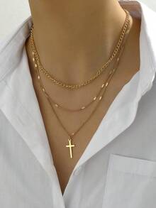 1pc Minimalist Layered Cross Pendant Necklace - Yellow Gold - View 6