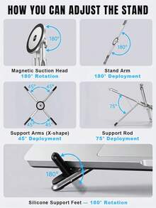 4-In-1 Foldable Laptop Stand & Magnetic Phone Holder, Silver Aviation Aluminum Portable Desktop Stand With N52 MagSafe For Tripod Handle, Compatible With MacBook Pro, Travel & Video Bloggers - Multifunctional Stand - View 5