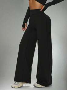 1pc Women's Solid Color Loose Yoga Wide Leg Pants, Comfortable Slim Fit Versatile, Suitable For Running, Fitness And Yoga - Black - View 8