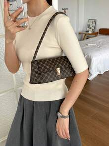 柔軟面料PU皮革金屬鎖飾貝殼造型復古風法棍包 女款單肩包 新款女包 小包 手提包 - 棕色 - 查看 4