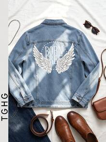 Light Blue Denim Jacket With White Wing Graphic On Front And "BORN FREE" Print On Back, Long Sleeve, Lapel Collar, Button Front Closure, Pockets, Y2K Style - Light Denim Blue - View 3
