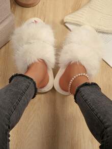 Women's Double Strap Faux Fur Open Toe Slippers, Soft Fluffy Plush House Slides, Lightweight Comfortable Warm Indoor Home Shoes - Beige - View 4
