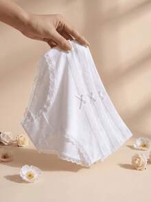 3pcs White Lace Patchwork Bow Ribbed Cotton Women's Triangle Panties - White - View 3