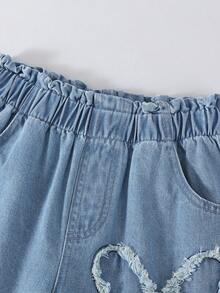 Girls' Denim Jeans With Distressed Butterfly Embroidery, Elastic Waist, Straight Leg, Streetwear Sweet & Cool Fashion Casual Versatile - Medium Wash - View 4