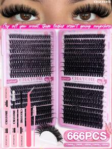 720/666PCS DIY Lash Clusters, 10-16mm Mixed Length High Volume Multi Styles False Eyelashes Extention Kit With BOND&SEAL, Tweezers And Brush, Friendly To Beginners, Suit For Daily, Wedding, Party, Outdoor,Travel, Festival Using, Lash Clusters - Multicolor - View 3