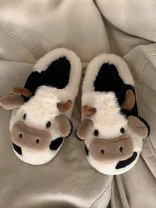1 Pair Kids Thermal Lined Cartoon Cow Anti-Slip Flat Casual Indoor Warm Slippers, Suitable For Autumn/Winter - Black and White - View 7