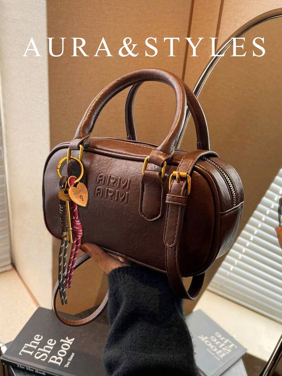 Comes With Doll Pendant, Textured Crossbody Women's Bag, Autumn/Winter New Style, Large Capacity Boston Mom Bag, Four Seasons Commuter Handbag - Coffee - View 1