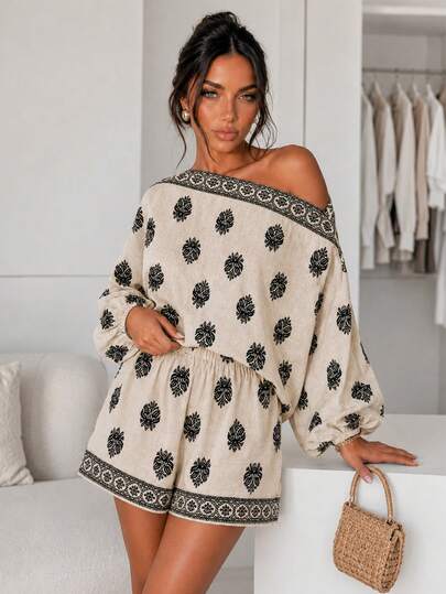 ChicMe 2pcs/Set Women's Bohemian Style Cold Shoulder Lantern Sleeve Top And Elastic Waist Shorts With Pockets, Casual Vacation Outfit, Aesthetic Elegant