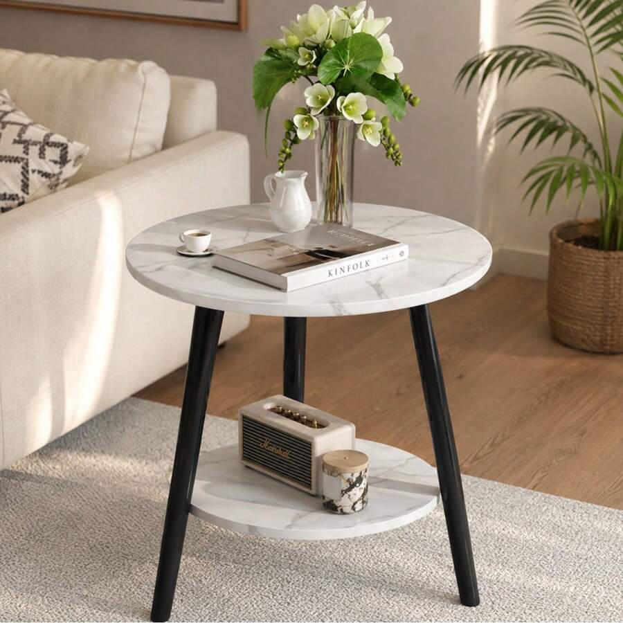 Simple Double-Layer Side Table, Suitable For Home, Living Room, Balcony, Bedroom Nightstand, Small Space - White - View 1