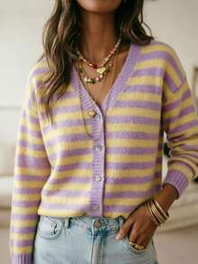 Women's Striped Knit Ribbed Button Front Long Sleeve Cardigan, Casual Elegant For Daily Wear, Country Concert, Vacation, Spring Autumn Winter - Mauve Purple - View 4