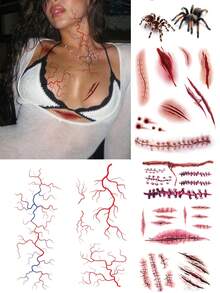 7PCS Halloween Creative Realistic Scar Stitch Wound Vein Spider Pattern Halloween Makeup Party Gift Shoulder Neck Collarbone Waist Abdomen Body Temporary Waterproof Tattoo Stickers - Multicolor - View 1