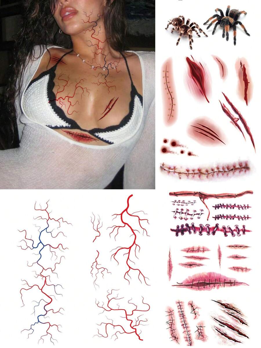 7PCS Halloween Creative Realistic Scar Stitch Wound Vein Spider Pattern Halloween Makeup Party Gift Shoulder Neck Collarbone Waist Abdomen Body Temporary Waterproof Tattoo Stickers - Multicolor - View 1