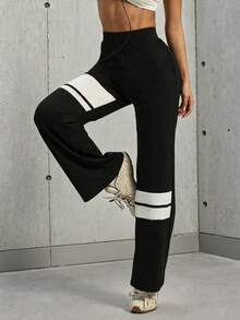 Hidkat Women's Solid Color Patchwork High Waist Elastic Fitted Yoga Casual Sports Knit Flare Pants - Black and White - View 5