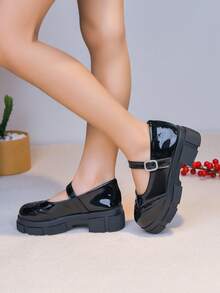 Sweet Cool Rhinestone Buckle Mary Jane Shoes Black Carved Thick Sole Platform Soft Girl Versatile Comfortable Commute Girls' Thick Sole Shoes - Black - View 3