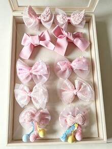 10pcs Pink Tulle Bow Hair Clip Set, Sequin Pom Pom Hair Clips, Sweet Princess Style Daily Hair Accessories For Little Girls - Multicolor - View 12