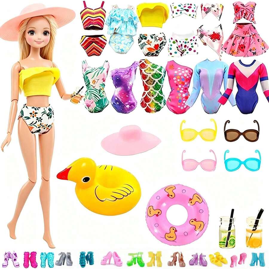 24pcs Accessory Set For 11.5 Inch Dolls: 5 Sets Of Swimsuits, 4 Pairs Of Glasses, 10 Pairs Of Shoes, 2 Swim Rings, 1 Hat, 2 Random Drink Cups (Doll And Children's Gift Not Included), Dollhouse Furniture - Multicolor - View 1