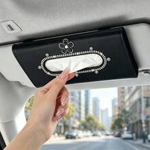 New Creative Shiny Floral Pattern Car Sun Visor Tissue Box PU Leather Rhinestone Car Tissue Holder Interior Accessory Decoration For Women - Floral Pattern - View 4