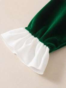 Baby Girl White Ruffle Patchwork Velvet Long Sleeve Dress With Matching Velvet Beret 2pcs Set, Vintage Mori Style Gentle Outfit For Spring, Christmas, Holiday, 1st Birthday Photo Shoot, Outing, Gift - Green - View 5