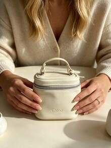 Chloé Cream White Faux Leather Vanity Makeup Case, Embossed CHLOE Logo Portable Handheld Travel Cosmetic Organizer Box Large Capacity Waterproof Toiletry Bag Luxury Gift For Women CHLOE-GIFT-20 - Off-white - View 5