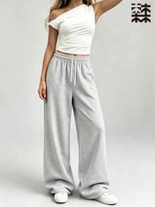mulinsen 1pc Women's Solid Color Drawstring Casual Pants, Suitable For Airport, Travel, Daily, Sports, Vacation, Date, Summer - Grey - View 1