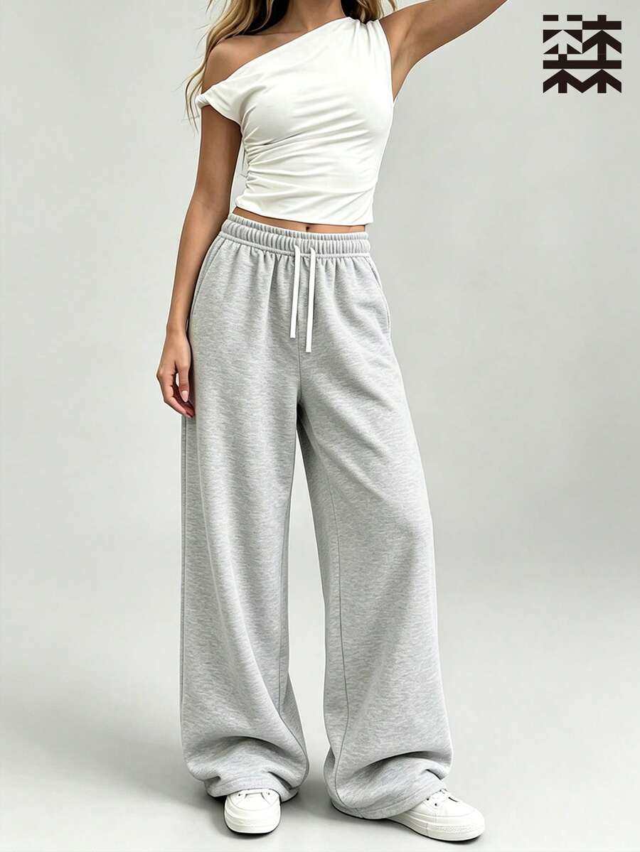 mulinsen 1pc Women's Solid Color Drawstring Casual Pants, Suitable For Airport, Travel, Daily, Sports, Vacation, Date, Summer - Grey - View 1