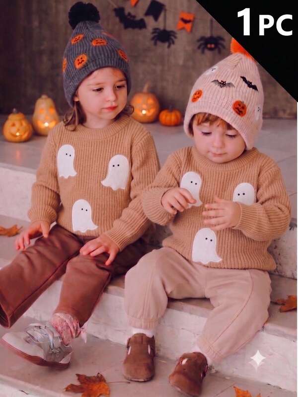 Young Boys Cute Solid Color Ghost Embroidery Knit Pullover Sweater Long Sleeve Suitable For School Daily Wear Spring Autumn Winter