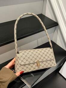 柔軟面 PU 皮革金屬鎖飾貝殼造型復古風法棍包 女款單肩包 新款女包 小包 手提包 - 卡其色 - 查看 1