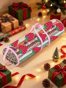 1pc Strawberry Print Transparent PVC Wrapping Paper Storage Bag, Portable Handheld Cylindrical Gift Wrapping Paper Organizer Box, Christmas New Year Holiday Gift Wrapping Paper Home Storage Rack - Strawberry Print - View 3