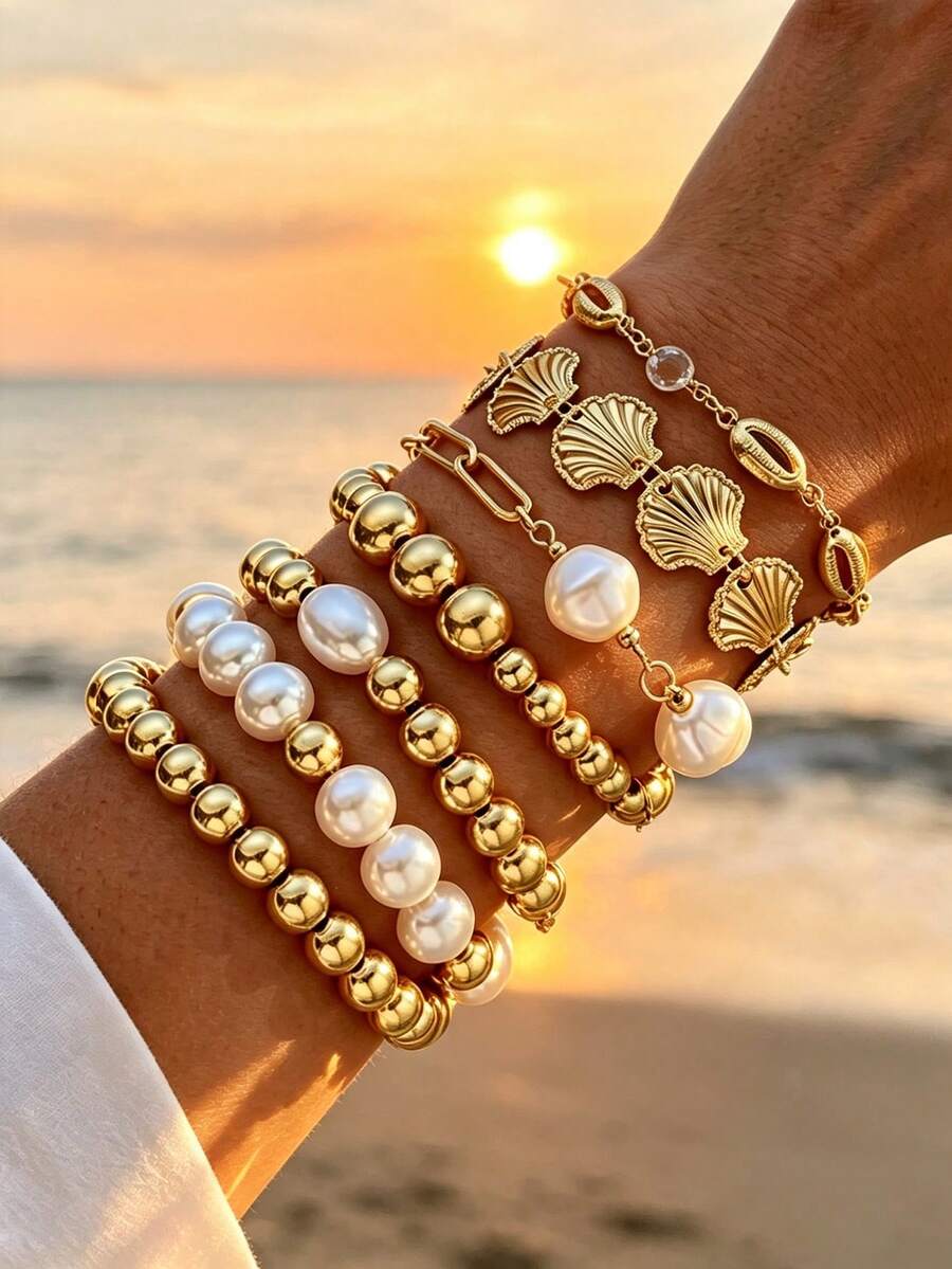 Juego de 7 piezas de pulseras de estilo vintage elegante y casual con perlas, concha y CCB dorado, adecuado para el uso diario de la mujer, ir al trabajo, vacaciones, citas y como regalo - Dorado - Ver 1
