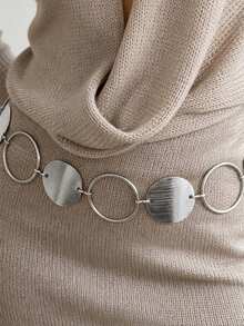 1pc Vintage Maillard Style Hollow Round Decor Waist Chain Dress Belt Body Chain Metal Body Chain Suitable For Party, Vacation, Gift, Daily Commute - Silver - View 3