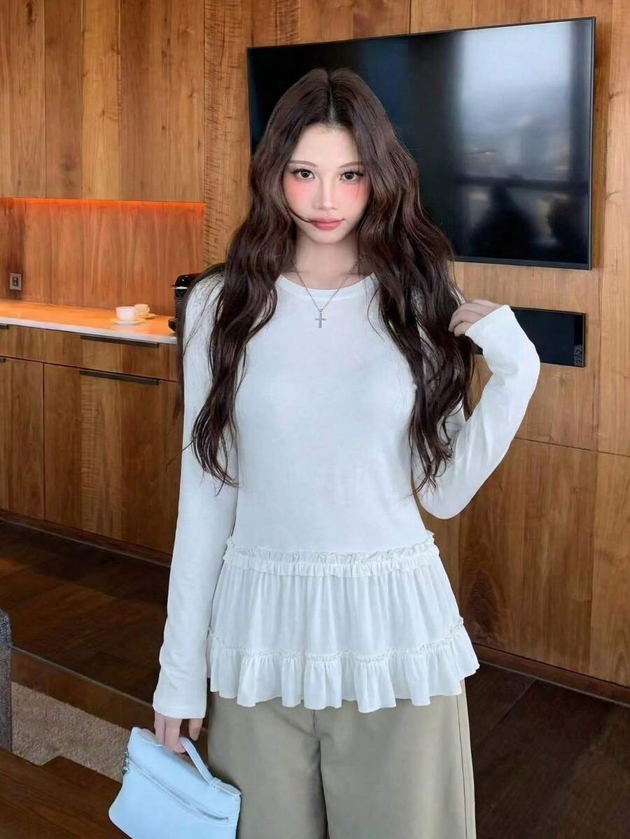 Kaos Lengan Panjang Model Balet Terbaru Musim Gugur dengan Hiasan Renda di Bagian Bawah, Atasan Dasar yang Melangsingkan untuk Wanita - Putih - View 1