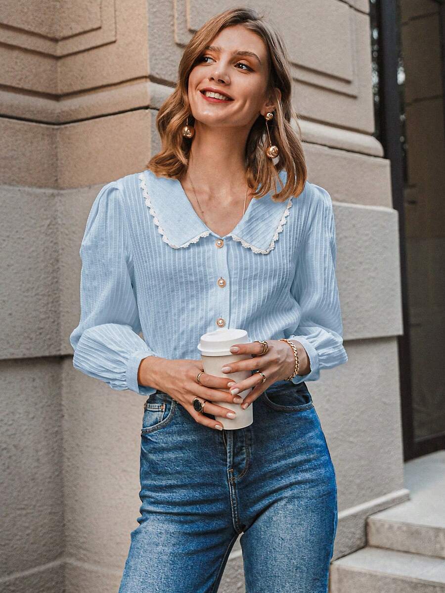 Simplee Blus Musim Gugur Berkerah Lengan Mengembang Gaya Preppy Warna Polos, Pakaian Guru untuk Wanita, Kembali ke Sekolah