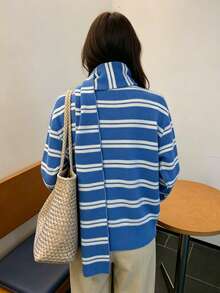 Women's Early Autumn Striped Knit Cardigan With Scarf Detail, Casual Slimming Top For Fall/Winter - Blue - View 3