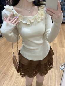 Autumn/Winter Korean Style Soft Sweet Ruffle Trim Knitted Long Sleeve Inner Layer Sweater For Women Fall - Apricot - View 4