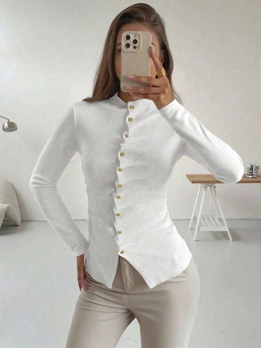 Gold Heart Button Knit Cardigan, Fitted Crew Neck, Long Sleeves, Soft Stretch Fabric, White Elegant Layering Top For Fall Winter Office And Vacation - White - View 1