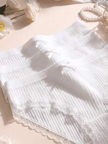 3pcs White Lace Patchwork Bow Ribbed Cotton Women's Triangle Panties - White - View 5