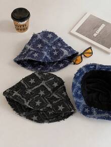 Vintage Star Print Bucket Hat, Distressed Frayed Edge Sun Hat, Oversized Streetwear Bucket Hat For Women Men Summer Travel - A - View 4