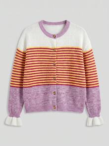 Just Masa Women's Fall Winter Casual Y2K Contrast Stripe Sweater,Ruffle Balloon Sleeve Button Up Sweater Cardigan,For Daily Wear,Going Out,Christmas - Pink - View 3