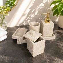 Bathroom Accessories Set: Includes Soap Dispenser, Vanity Tray, Toothbrush Holder, Cotton Swab Holder, Soap Dish And Storage Items; Suitable For Bathroom Countertop And Decoration - Apricot - View 6
