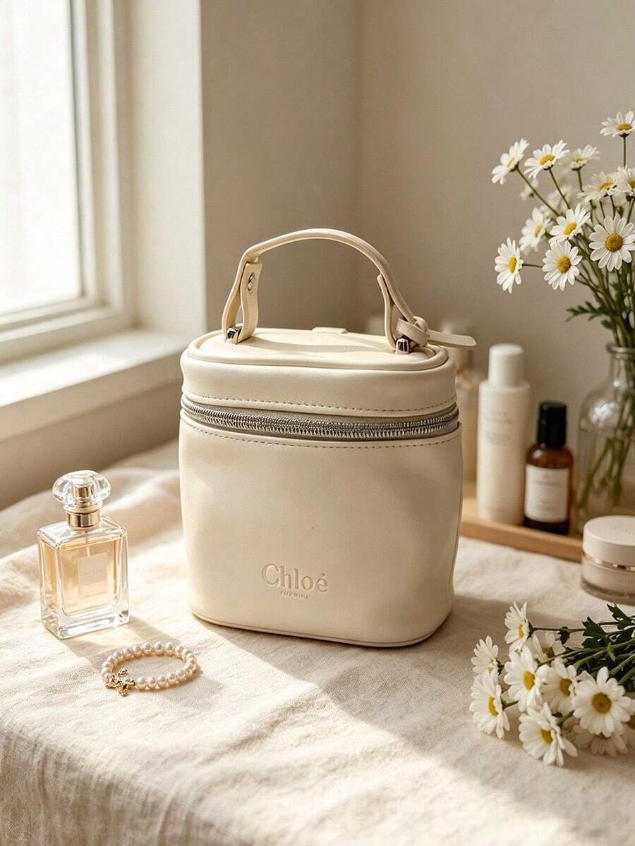 Chloé Cream White Faux Leather Vanity Makeup Case, Embossed CHLOE Logo Portable Handheld Travel Cosmetic Organizer Box Large Capacity Waterproof Toiletry Bag Luxury Gift For Women CHLOE-GIFT-20 - Off-white - View 1