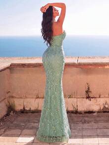 Sexy Halter Neck Sleeveless Backless Maxi Dress With Contrast Sequin Embellishments And Draping Details Wedding - Mint Green - View 2