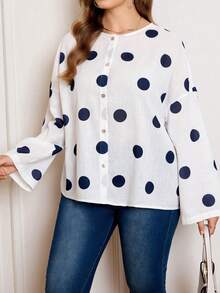 Blus Ukuran Besar Gaya Prancis Motif Polkadot Transparan Lengan Panjang Leher Bulat Warna Putih - Putih - View 6