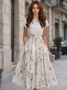 Dirp Noir Women's Elegant And Gentle Autumn White Ink Floral Midi Dress, Perfect For Parties, Dates, Vacations, Commuting, And National Day - Apricot - View 3