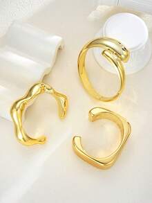 3pcs/Set Chunky Fashion Minimalist Elegant Exquisite Vintage Design Geometric Ribbon Water Drop Wave Square CCB Metal Style Minimalist Plain Wide Chunky Open Bangle Bracelet Set For Holiday Vacation Party Date Gift Daily Commute Wear Personalized - Yellow Gold - View 3