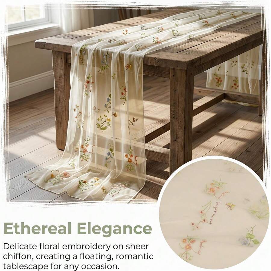 3pcs Champagne Floral Table Runner 10ft, Embroidered Tulle Spring Wildflowers And Autumn Decor, Suitable For Wedding, Party, Baby Shower, Birthday Party, Kitchen Dining Table, Outdoor Picnic