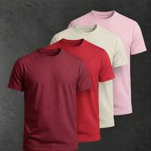 Kit 4 Camisetas Lisas Masculinas Básicas Premium Confortáveis Casual Camisa 100% Algodão - bordo/vermelho/off-w/rosa bebe - Visão 1