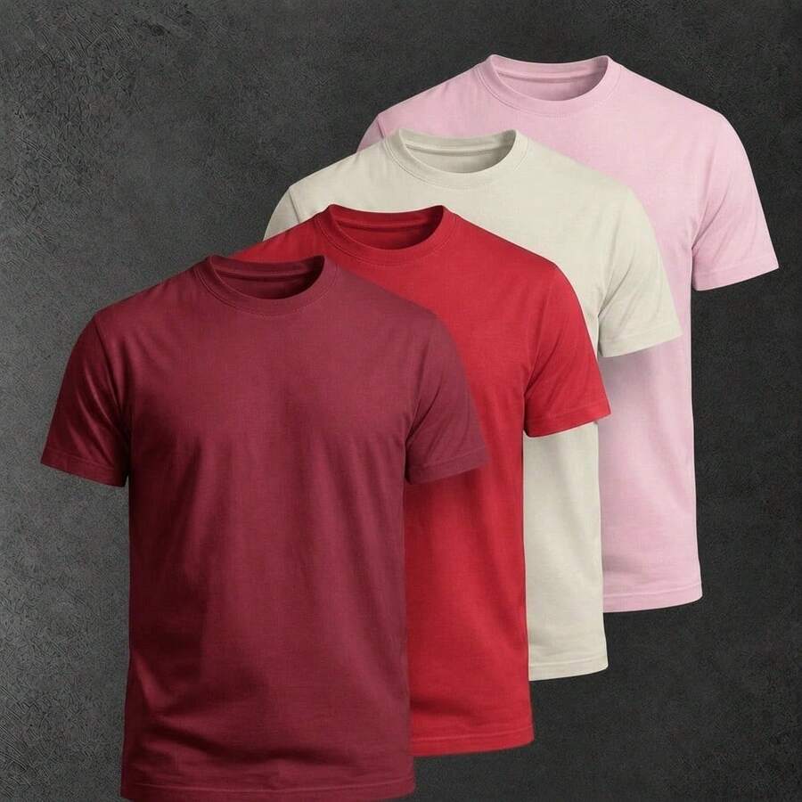 Kit 4 Camisetas Lisas Masculinas Básicas Premium Confortáveis Casual Camisa 100% Algodão - bordo/vermelho/off-w/rosa bebe - Visão 1