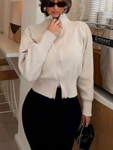 Minimalist Basic Women's High Neck Ribbed Knit Zipper Cardigan Jacket, Long Sleeve Short Knit Sweater For Autumn/Winter Daily Wear, Cream Color Fall - Cream - View 2
